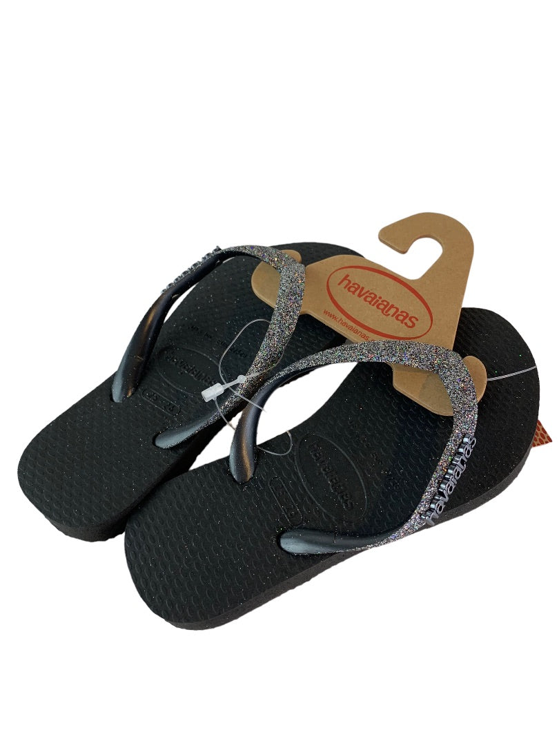 10C Havaianas Girls New Flip Flop Sandals Black Dark Metallic Glitter