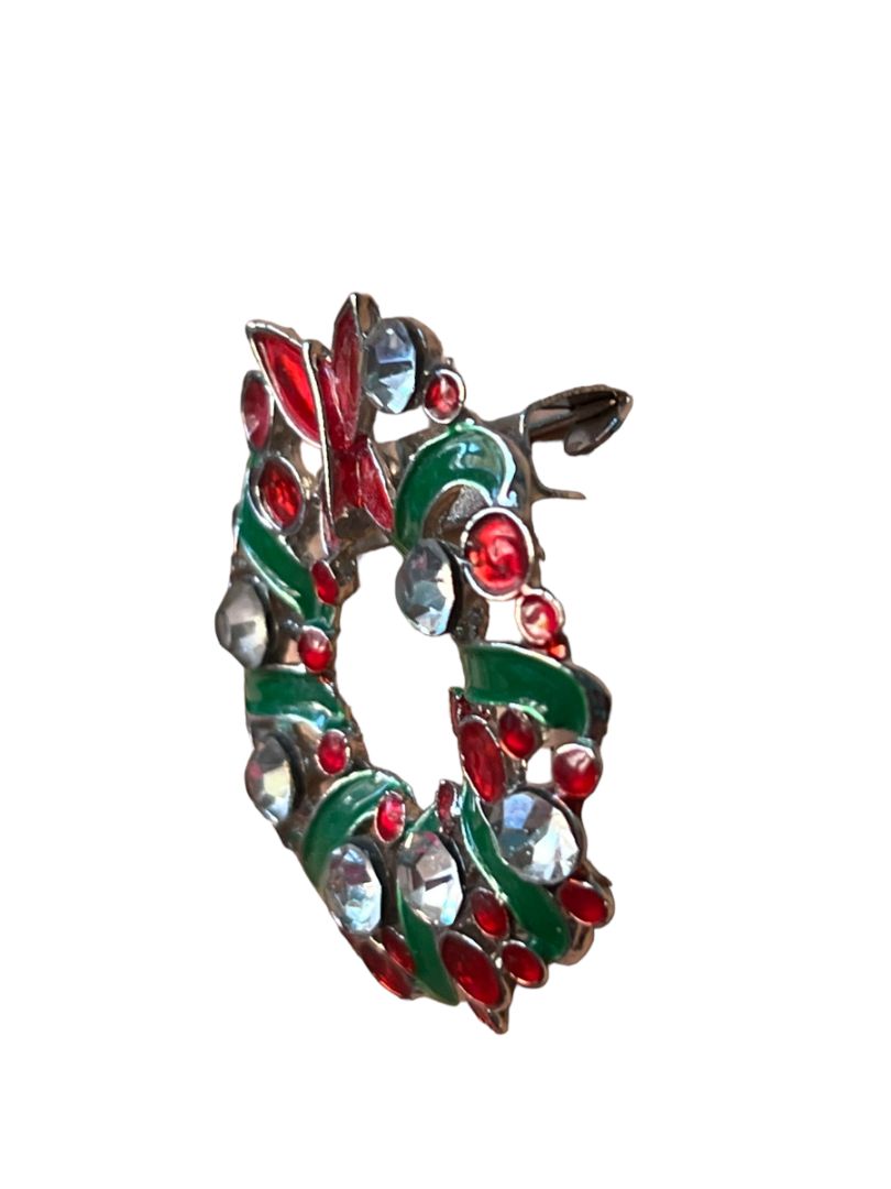 Enamel Rhinestone Wreath Brooch Christmas Holiday Silvertone