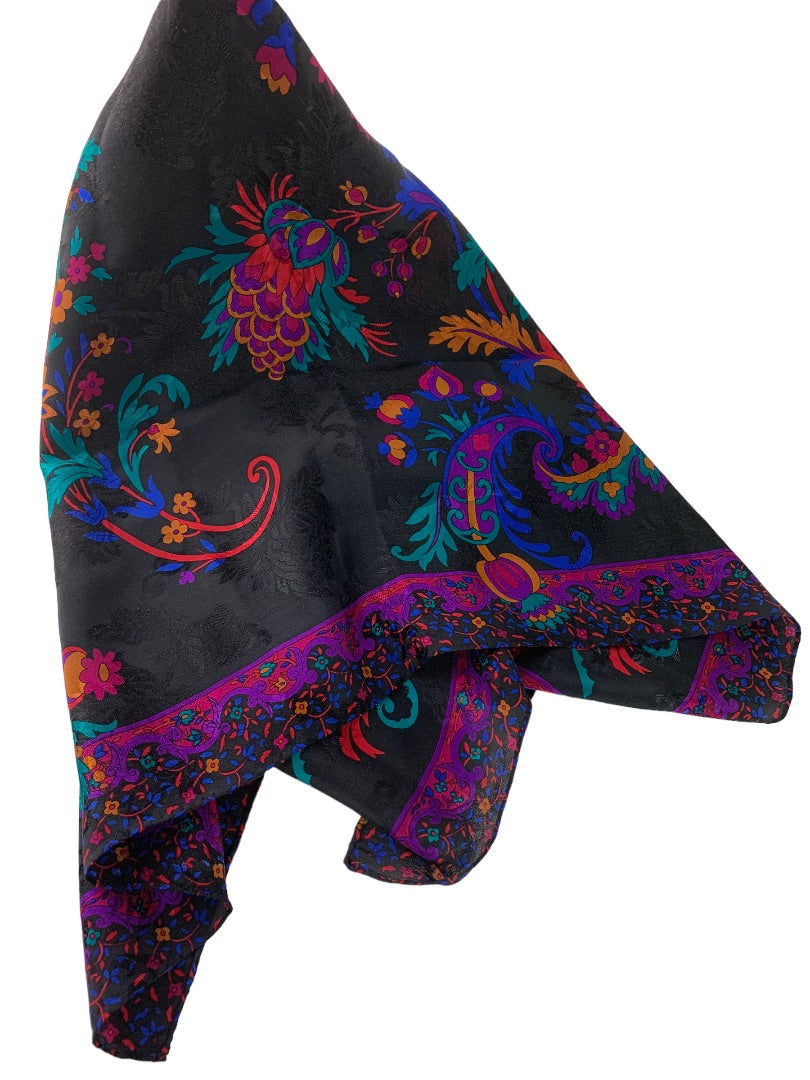 Jewel Tone on Black Silky Scarf 30 Inches Square