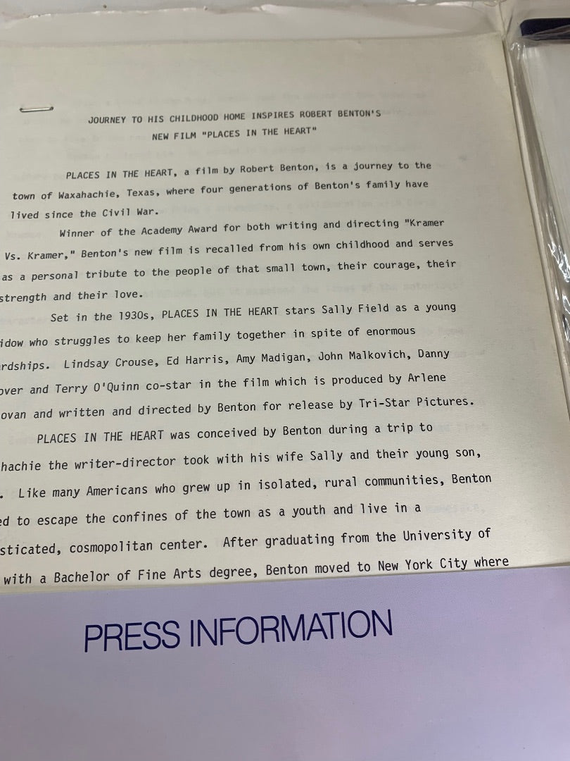 Places In The Heart Movie Press Kit 1984 Sally Field Film Tri Star Pictures