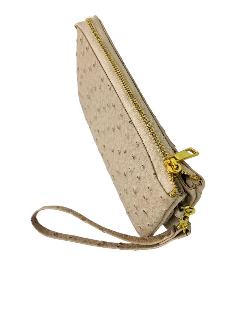 Tan Large Wristlet with Shoulder Strap Compartments Faux Ostrich Card Wallet Slots