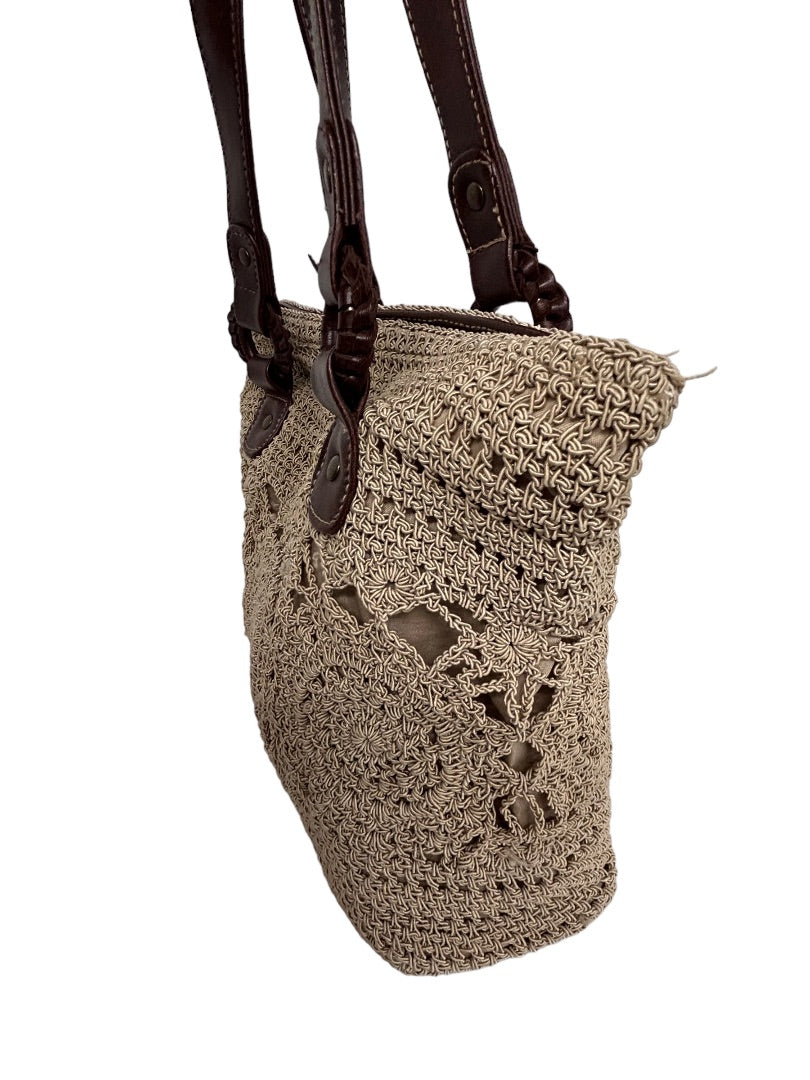 Tan Brown Crochet Boho Style Shoulder Bag Lined Zip Top Handbag Purse