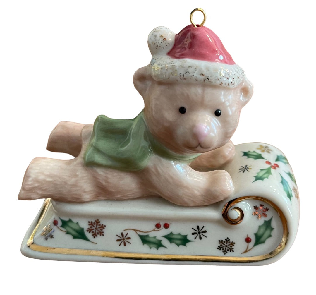 Lenox Sleightime Teddy Bear Sled Ride Holly Ornament Boxed Porcelain