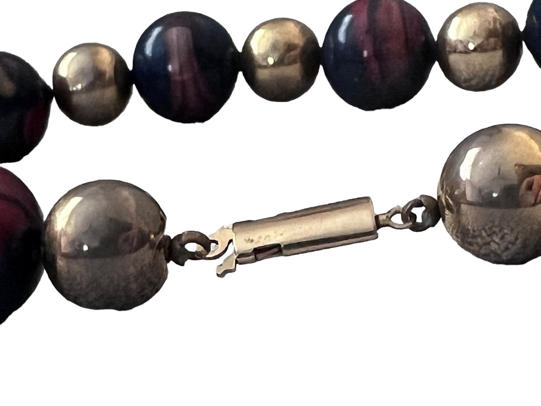 Enamel Marbled Beaded Necklace Gold Tone Navy Blue Garnet 27"