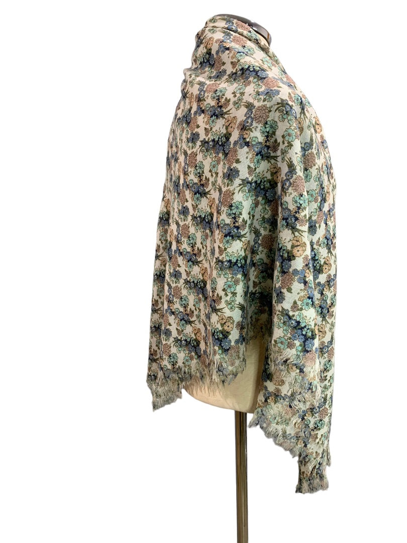 Women's Sheer Raw Edge Shawl 48" Square Wrap Muted Floral Print Retro