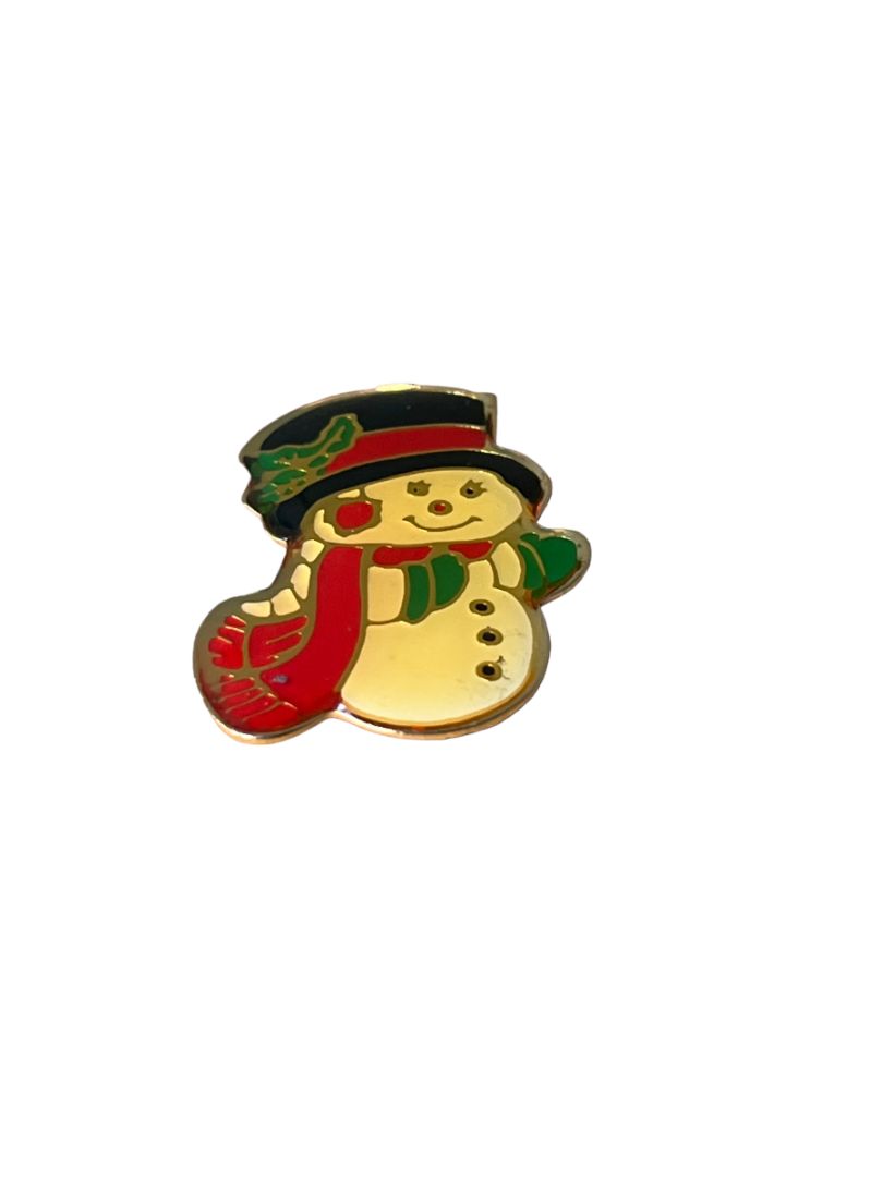 Vintage Snowman Post Lapel Pin Goldtone Metal Resin Coated