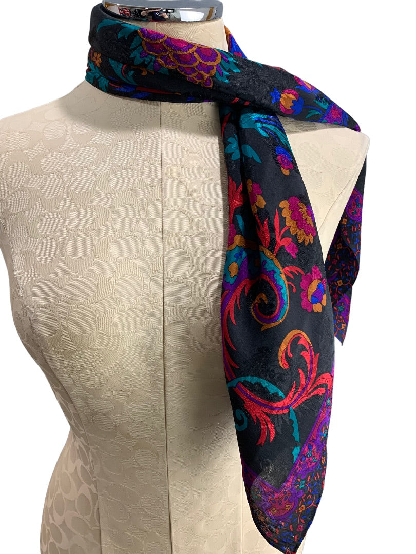 Jewel Tone on Black Silky Scarf 30 Inches Square