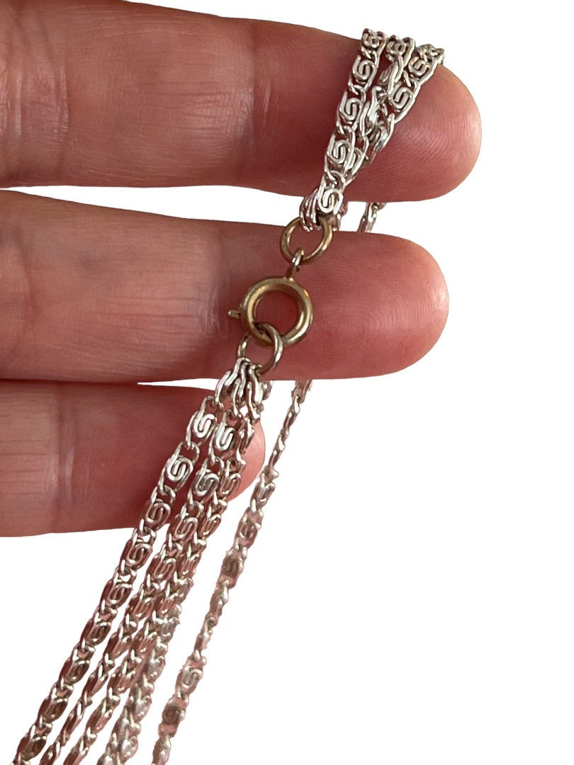 Vintage 55" Three Strand Beaded Necklace Silver Tone Chain Champagne Beads