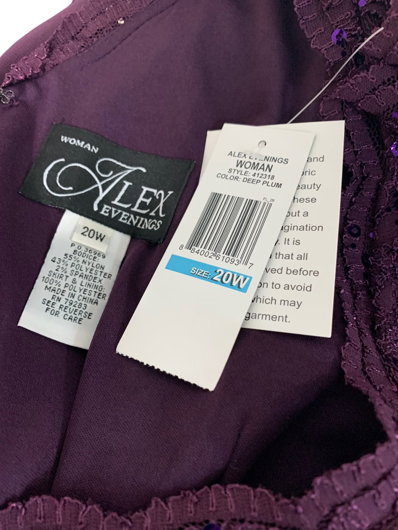 Size 20W Alex Evenings Women's New Long Gown with Sequin Lace Bodice Chiffon Skirt Plum