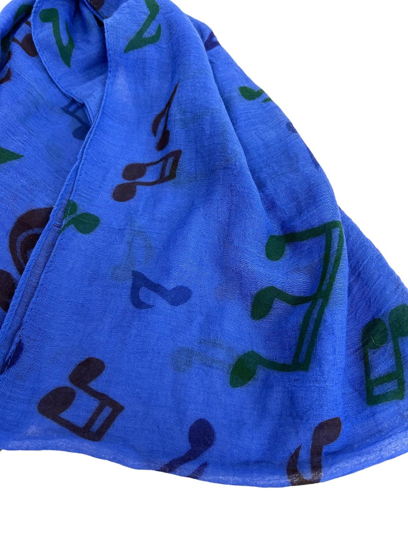 Lightweight Gauzy Scarf Blue Music Notes Print 14" x 68"