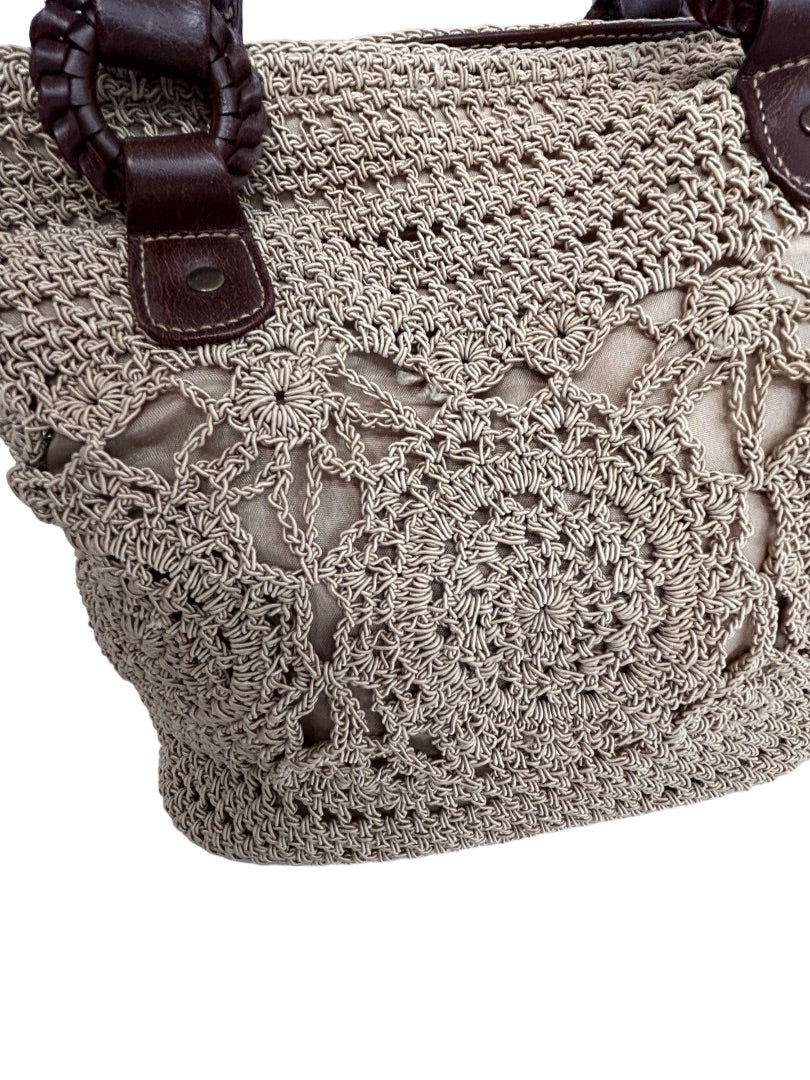 Tan Brown Crochet Boho Style Shoulder Bag Lined Zip Top Handbag Purse