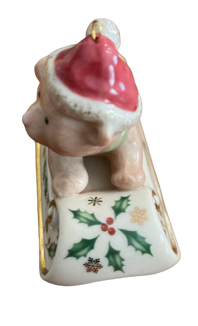 Lenox Sleightime Teddy Bear Sled Ride Holly Ornament Boxed Porcelain