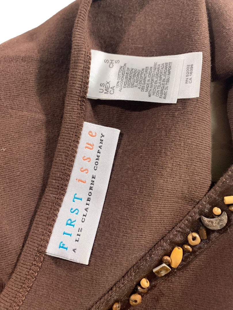 Small First Issue by Liz Claiborne Women's Brown T-shirt Wooden Beaded Neckline