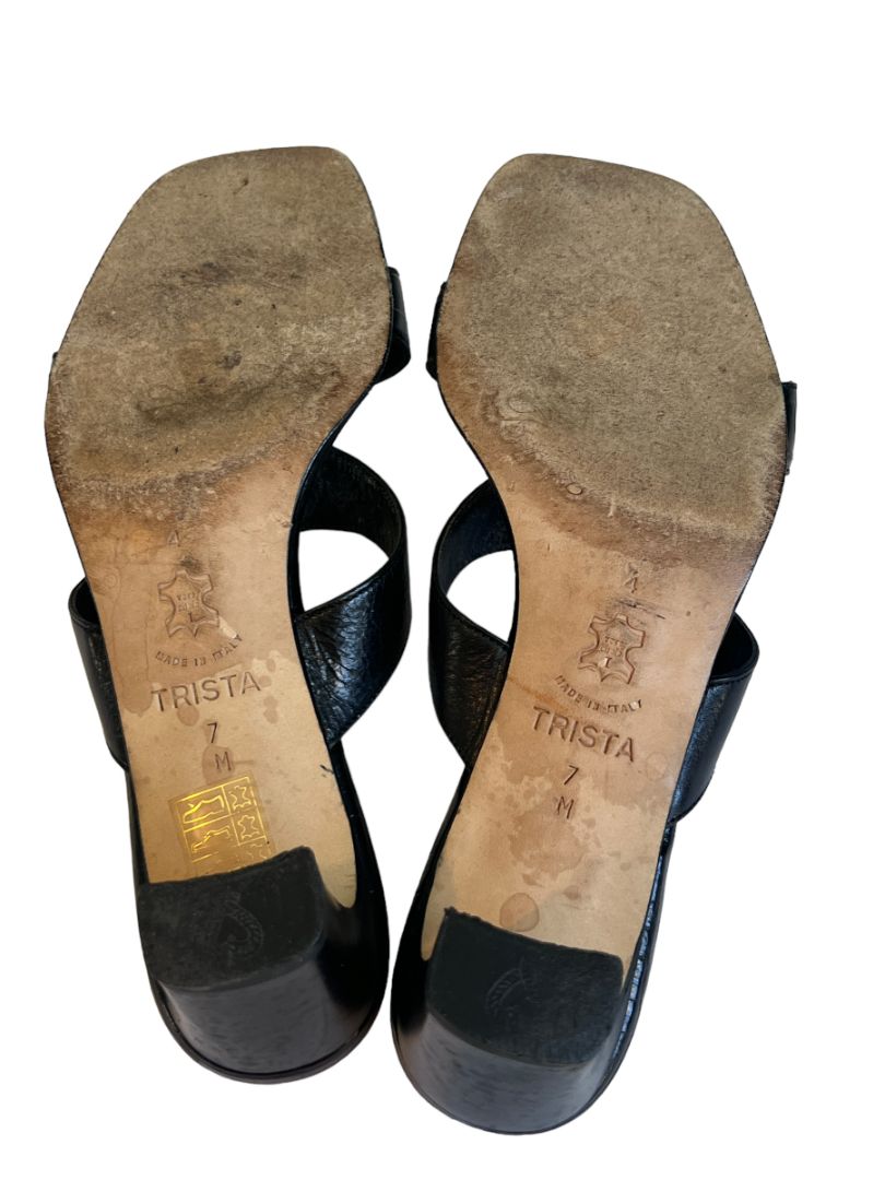 7 M Brighton Trista Shoes Slip-on Block Heels Sandals Black Leather Open Toe