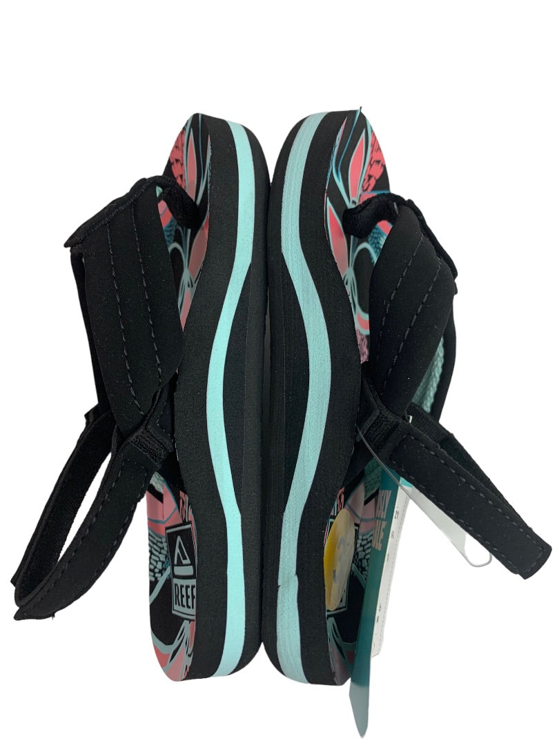 Size 3 (3/4) Kids Reef Little Ahi Sandals Flip Flops Back Strap Black Pink
