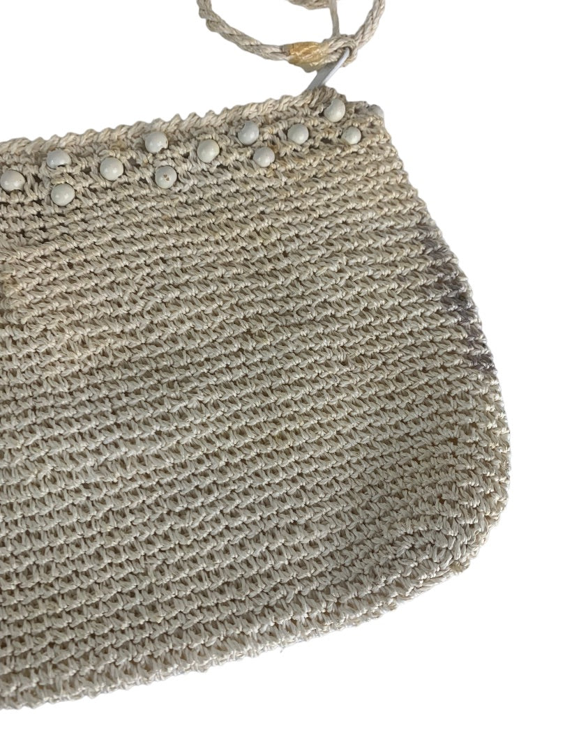 Vintage Crochet Straw and Beaded Off White Zip Top Clutch Bag Made in Japan