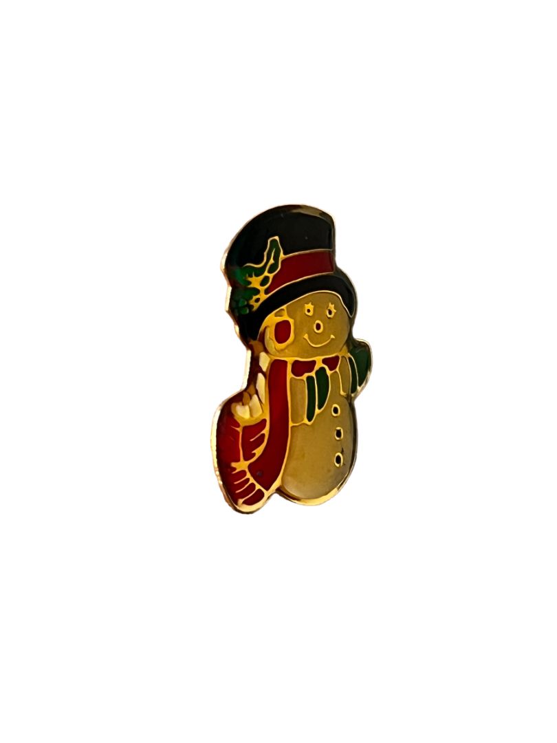 Vintage Snowman Post Lapel Pin Goldtone Metal Resin Coated