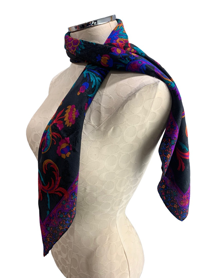 Jewel Tone on Black Silky Scarf 30 Inches Square