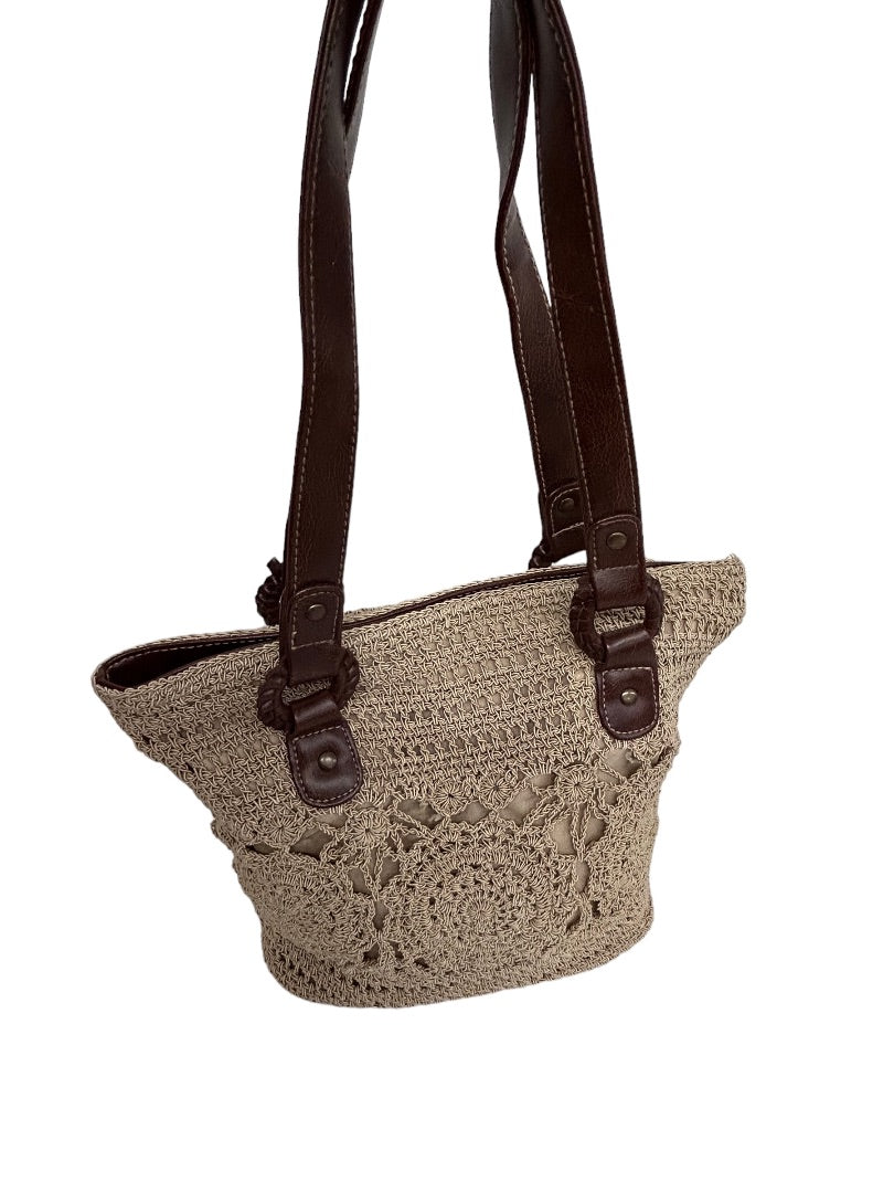 Tan Brown Crochet Boho Style Shoulder Bag Lined Zip Top Handbag Purse