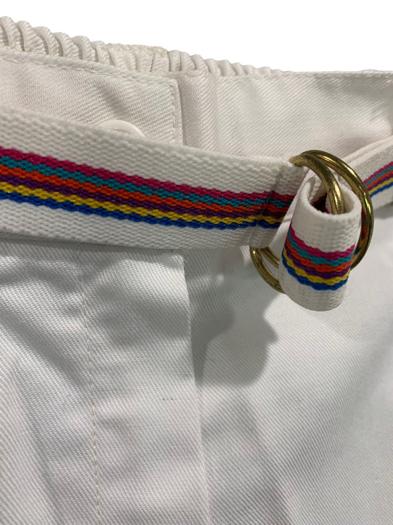 Size 12 Russ Sport Women's White Chino Golf Shorts 1980s Vintage Rainbow Belt