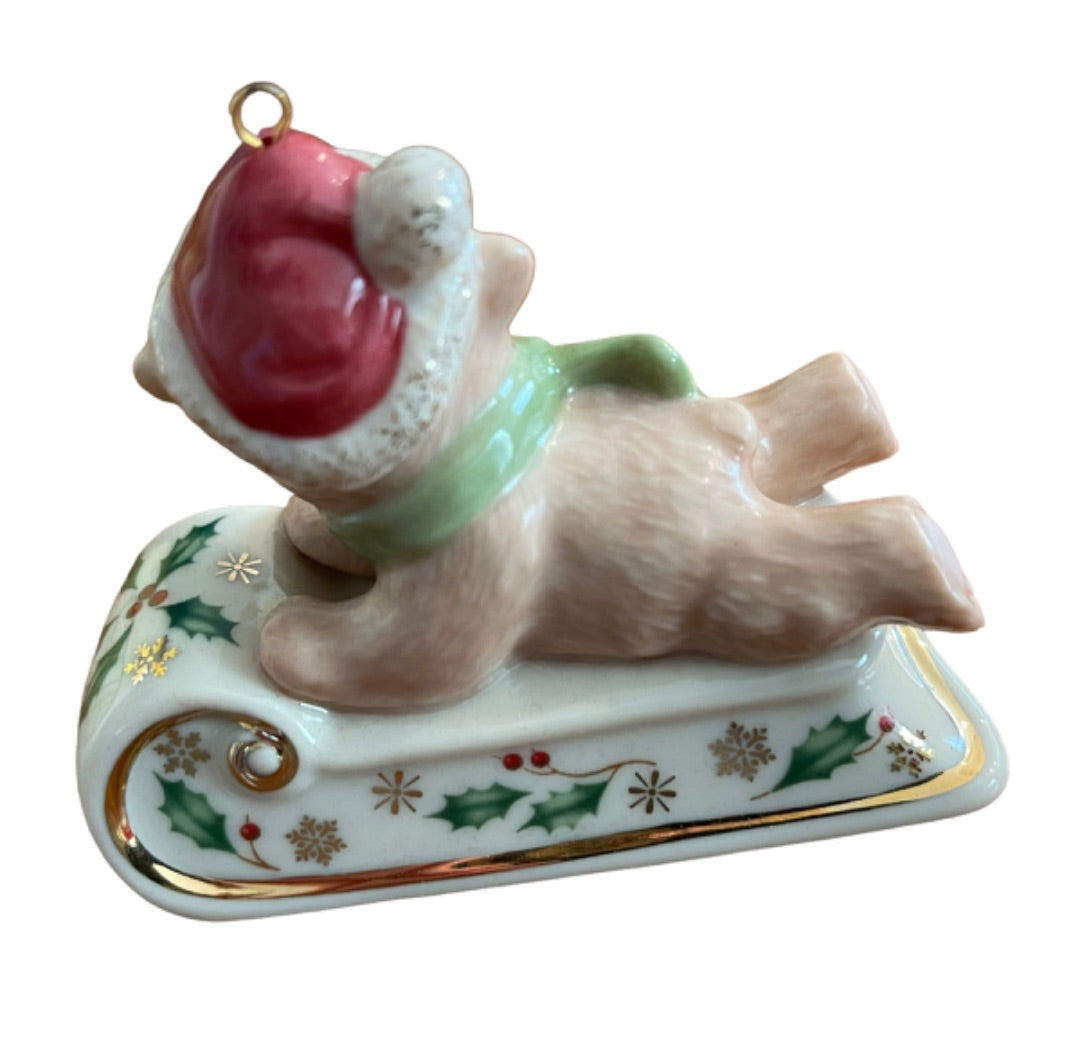 Lenox Sleightime Teddy Bear Sled Ride Holly Ornament Boxed Porcelain