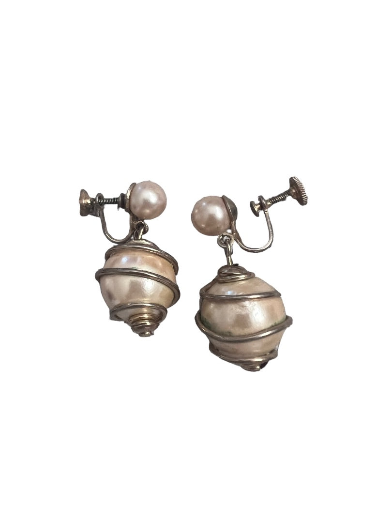 Faux Pearl Dangle Earrings Vintage Metal Coiled 1.5" Drop