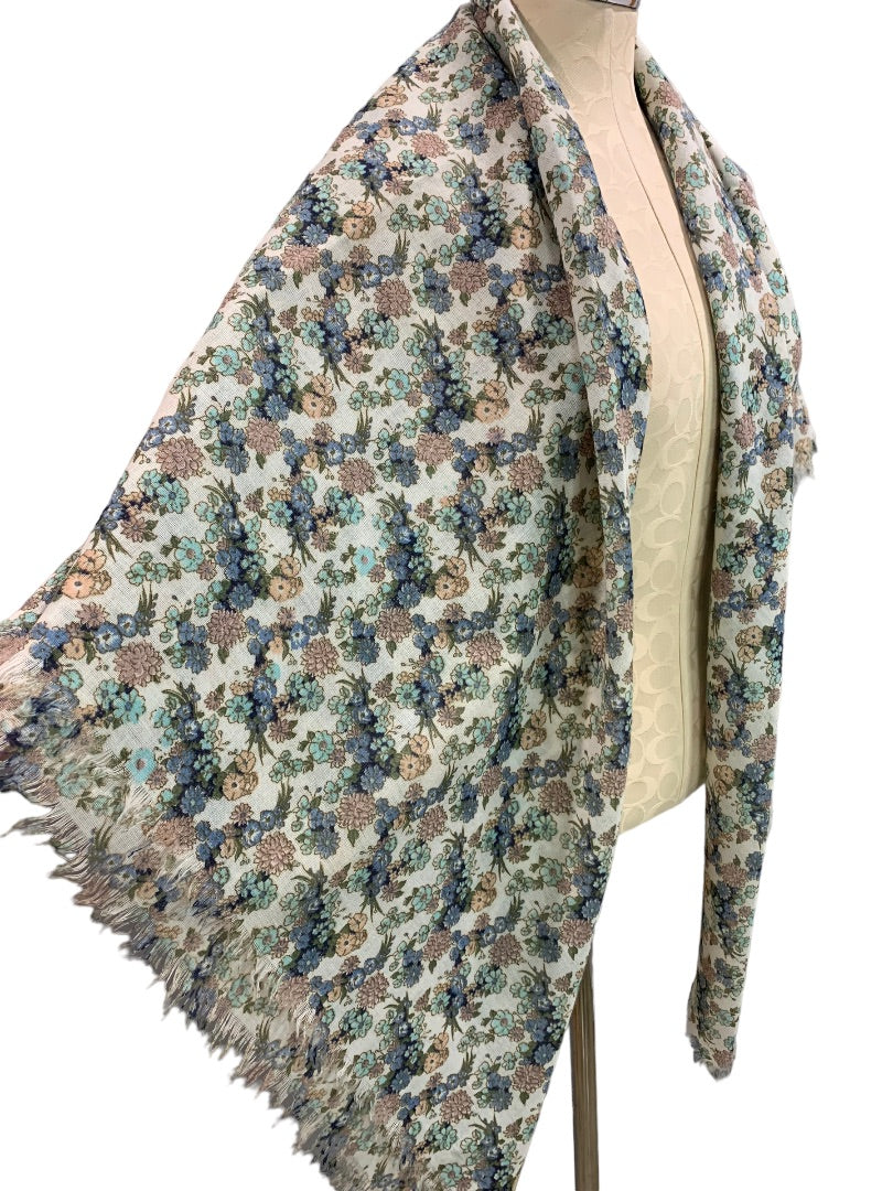 Women's Sheer Raw Edge Shawl 48" Square Wrap Muted Floral Print Retro