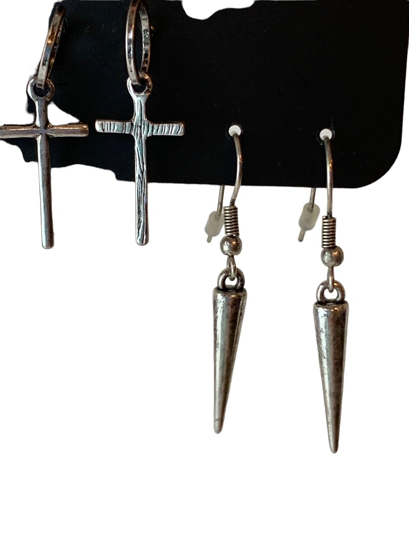 Spencers BodyRage 3 Pack Silvertone Earrings Tassel Cross Spike Pierced New