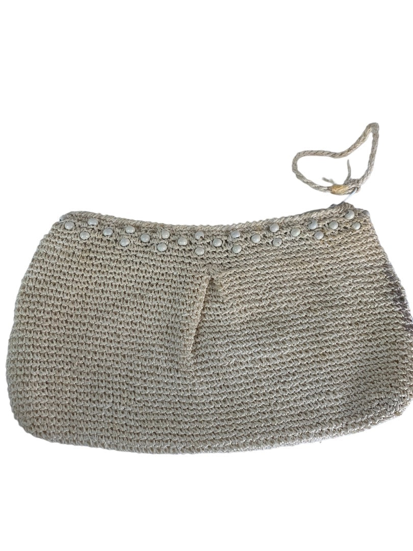 Vintage Crochet Straw and Beaded Off White Zip Top Clutch Bag Made in Japan