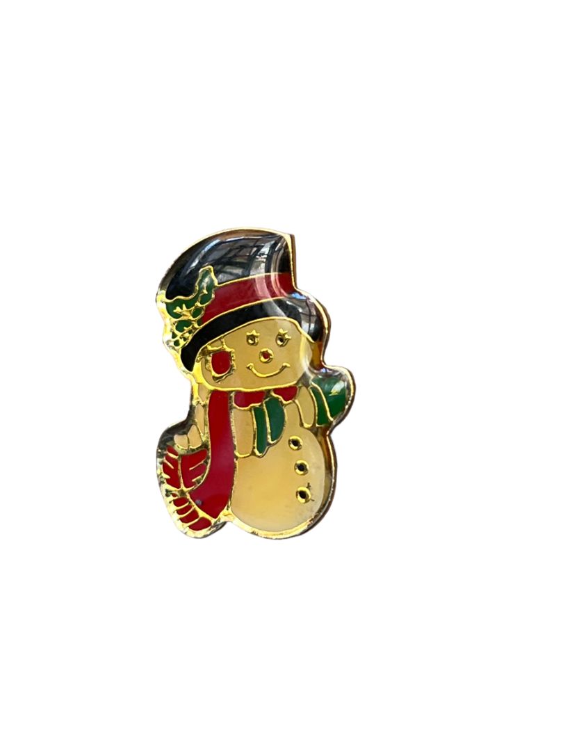 Vintage Snowman Post Lapel Pin Goldtone Metal Resin Coated