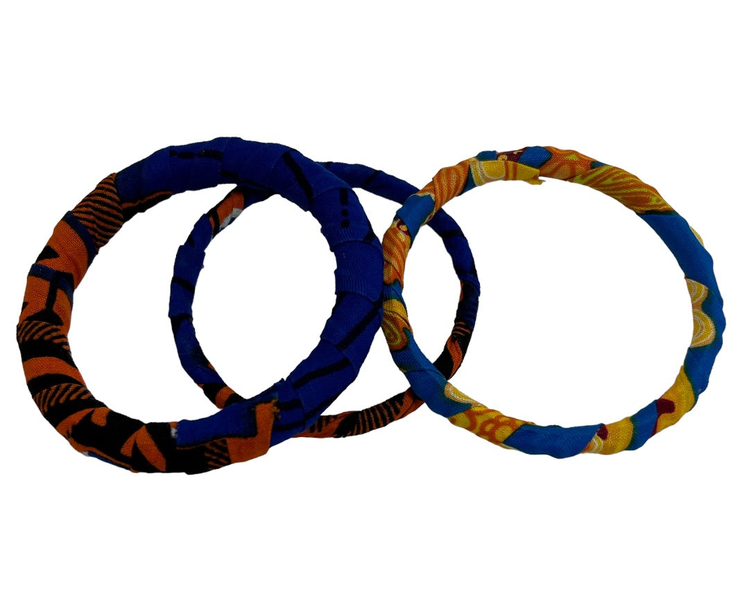 Set of 3 Fabric Wrapped Bangle Bracelets Blue Muliticolor 2.5" Diameter