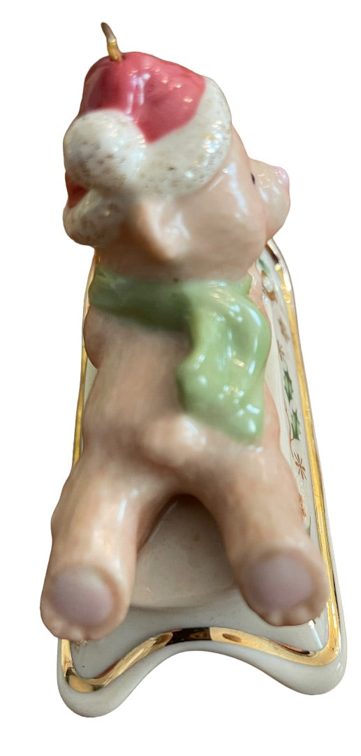 Lenox Sleightime Teddy Bear Sled Ride Holly Ornament Boxed Porcelain