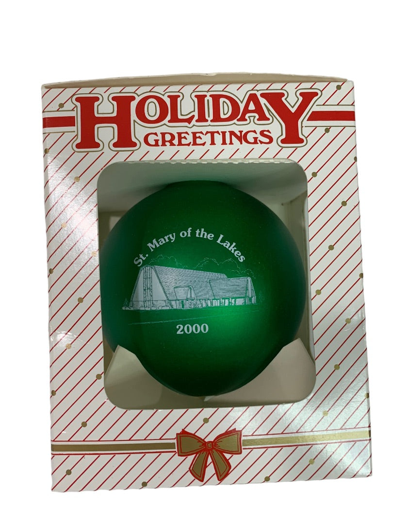 St. Mary of the Lakes 2000 Holiday Ornament Green Glass Ball