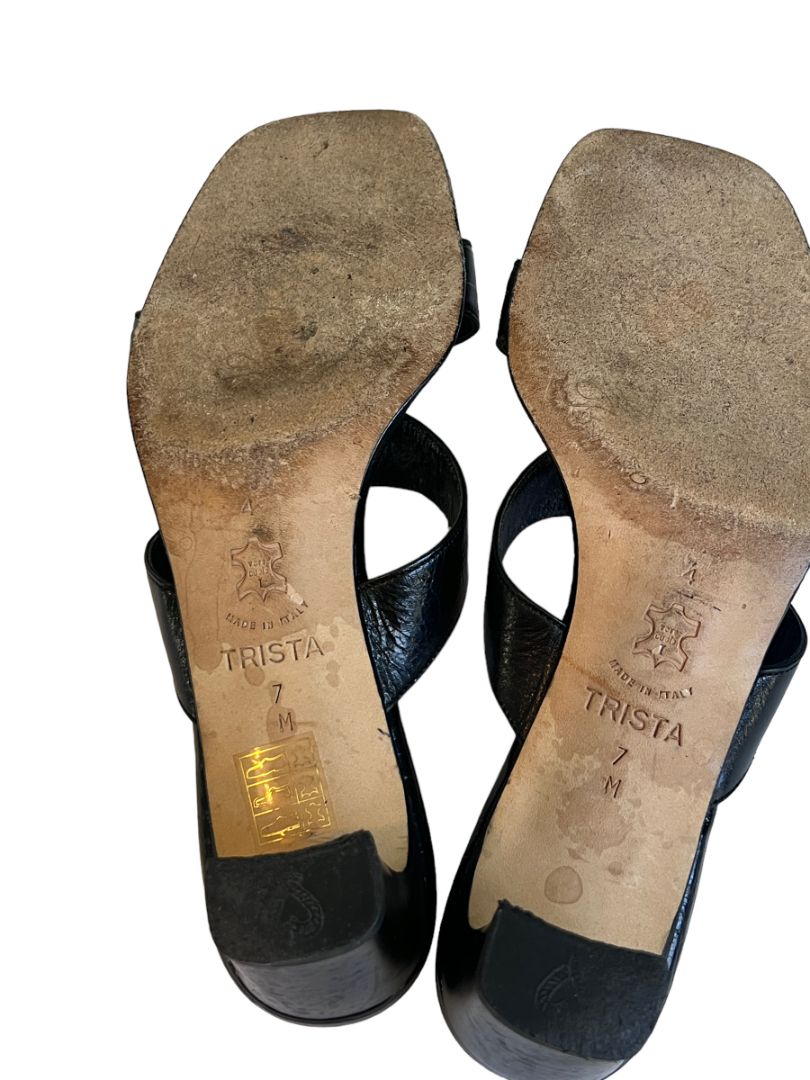 7 M Brighton Trista Shoes Slip-on Block Heels Sandals Black Leather Open Toe