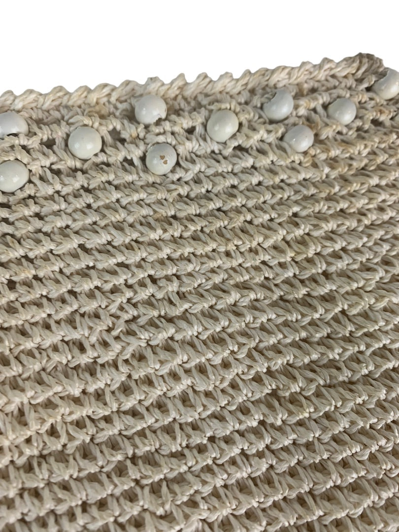 Vintage Crochet Straw and Beaded Off White Zip Top Clutch Bag Made in Japan
