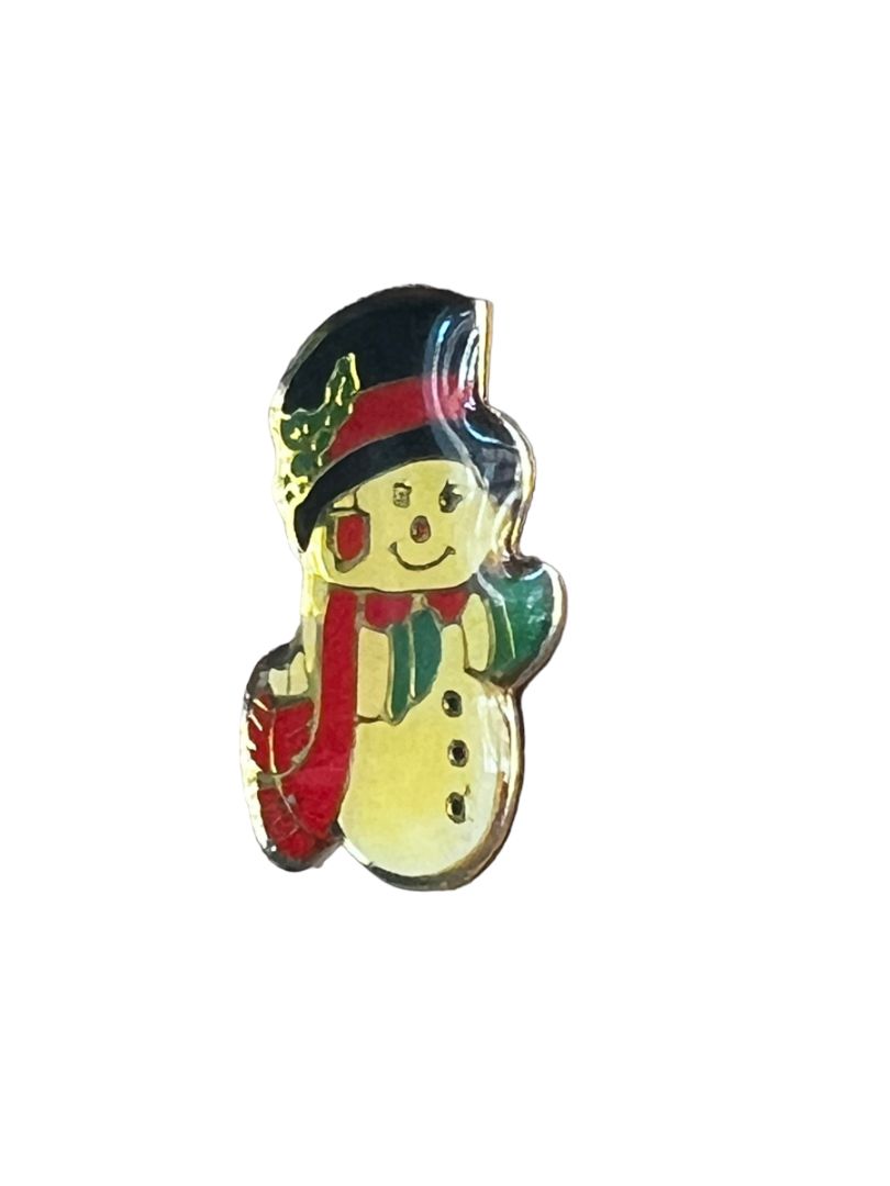 Vintage Snowman Post Lapel Pin Goldtone Metal Resin Coated