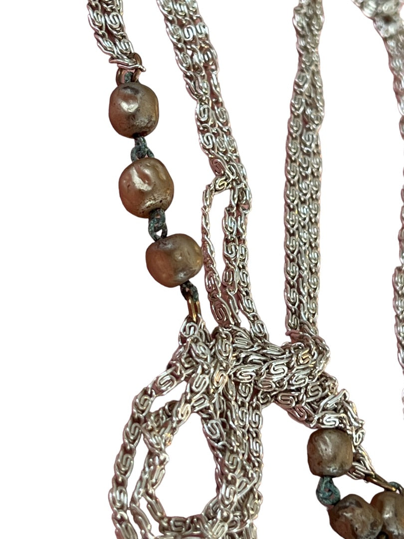 Vintage 55" Three Strand Beaded Necklace Silver Tone Chain Champagne Beads