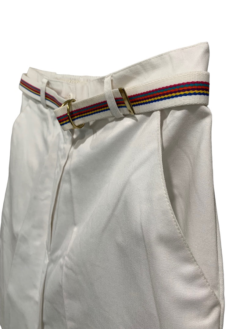 Size 12 Russ Sport Women's White Chino Golf Shorts 1980s Vintage Rainbow Belt