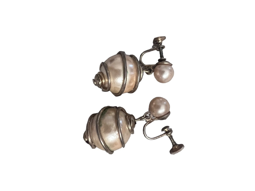 Faux Pearl Dangle Earrings Vintage Metal Coiled 1.5" Drop
