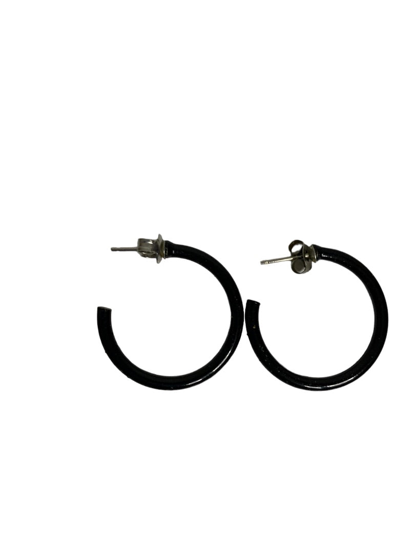 Vintage Black Enameled Post Pierced Hoop Earrings 1" Diameter