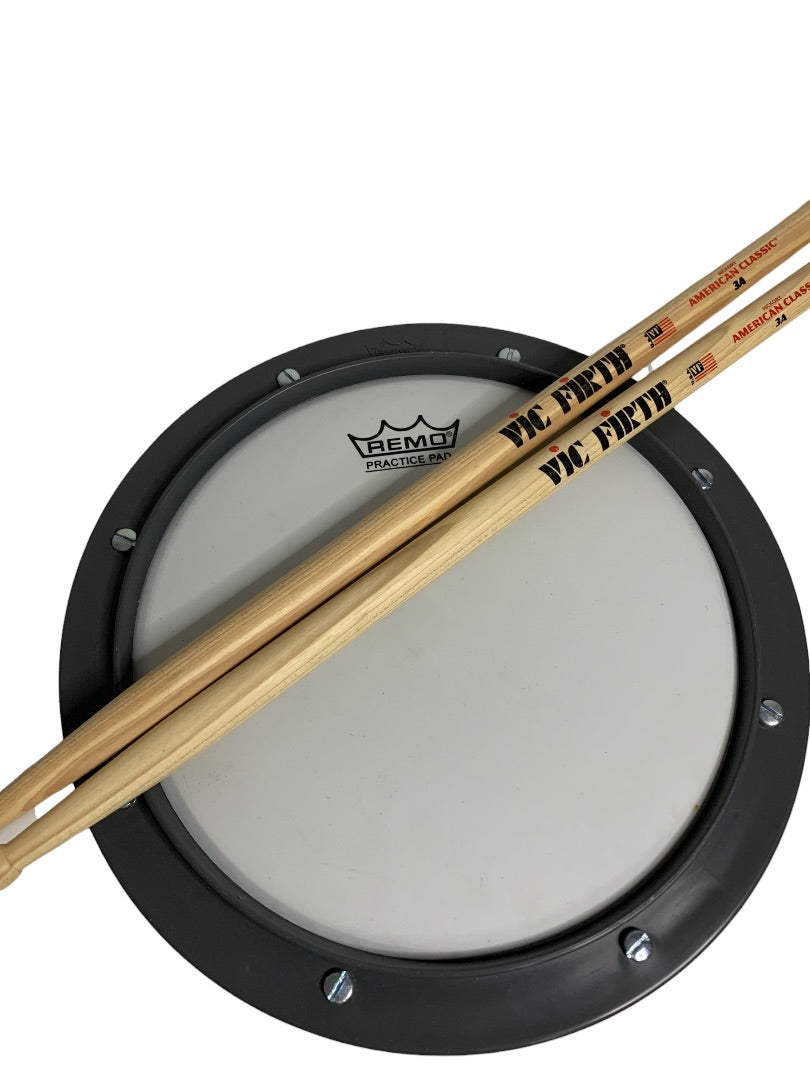 Remo Practice Drum Pad WC Firth Drumsticks 3A Hickory