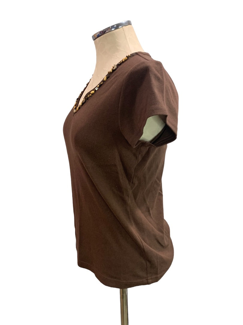 Small First Issue by Liz Claiborne Women's Brown T-shirt Wooden Beaded Neckline