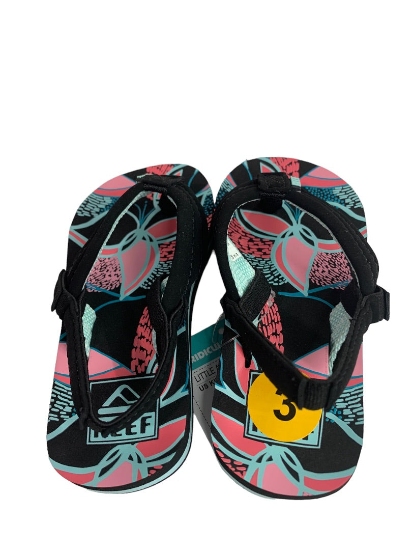 Size 3 (3/4) Kids Reef Little Ahi Sandals Flip Flops Back Strap Black Pink