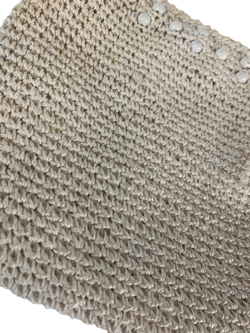 Vintage Crochet Straw and Beaded Off White Zip Top Clutch Bag Made in Japan