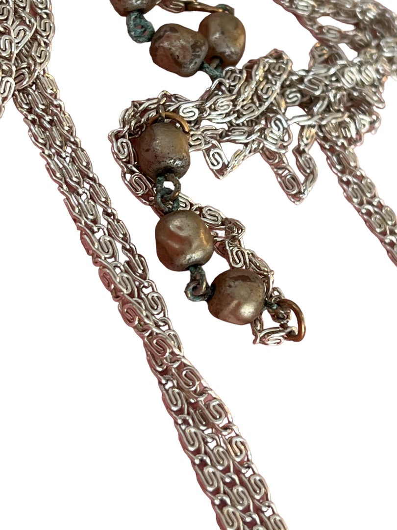 Vintage 55" Three Strand Beaded Necklace Silver Tone Chain Champagne Beads