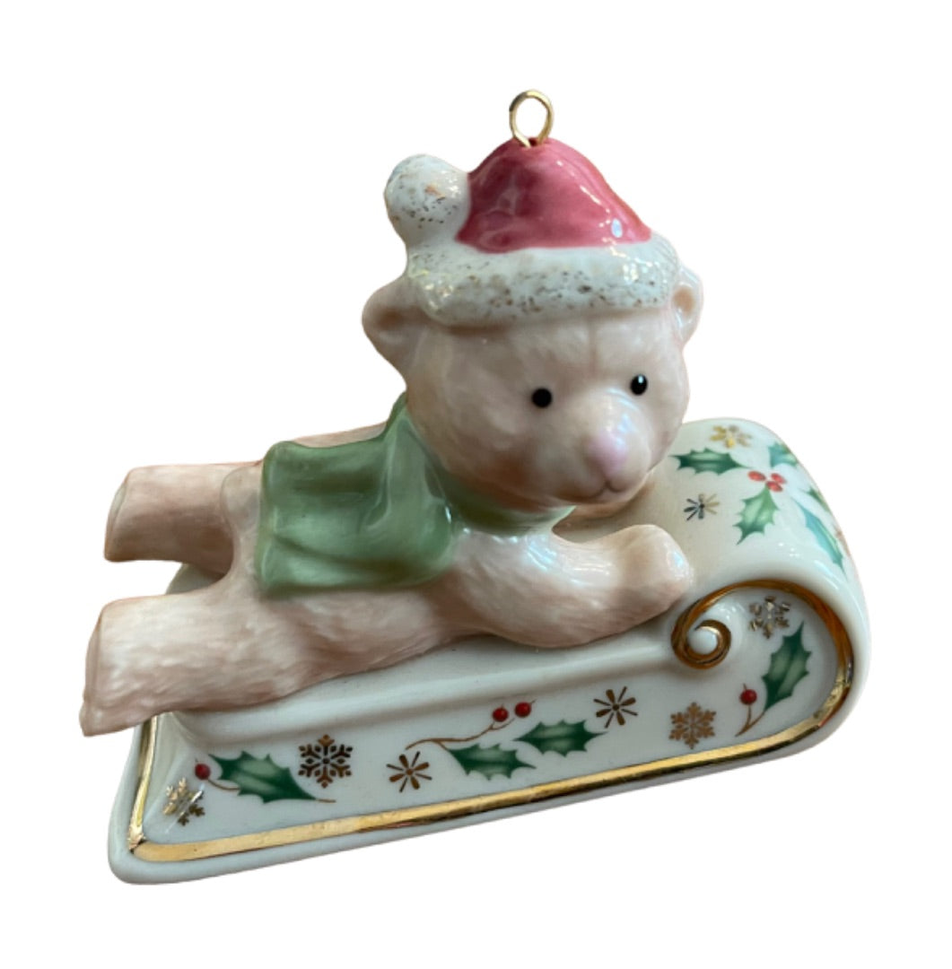 Lenox Sleightime Teddy Bear Sled Ride Holly Ornament Boxed Porcelain
