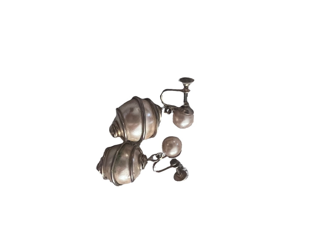 Faux Pearl Dangle Earrings Vintage Metal Coiled 1.5" Drop