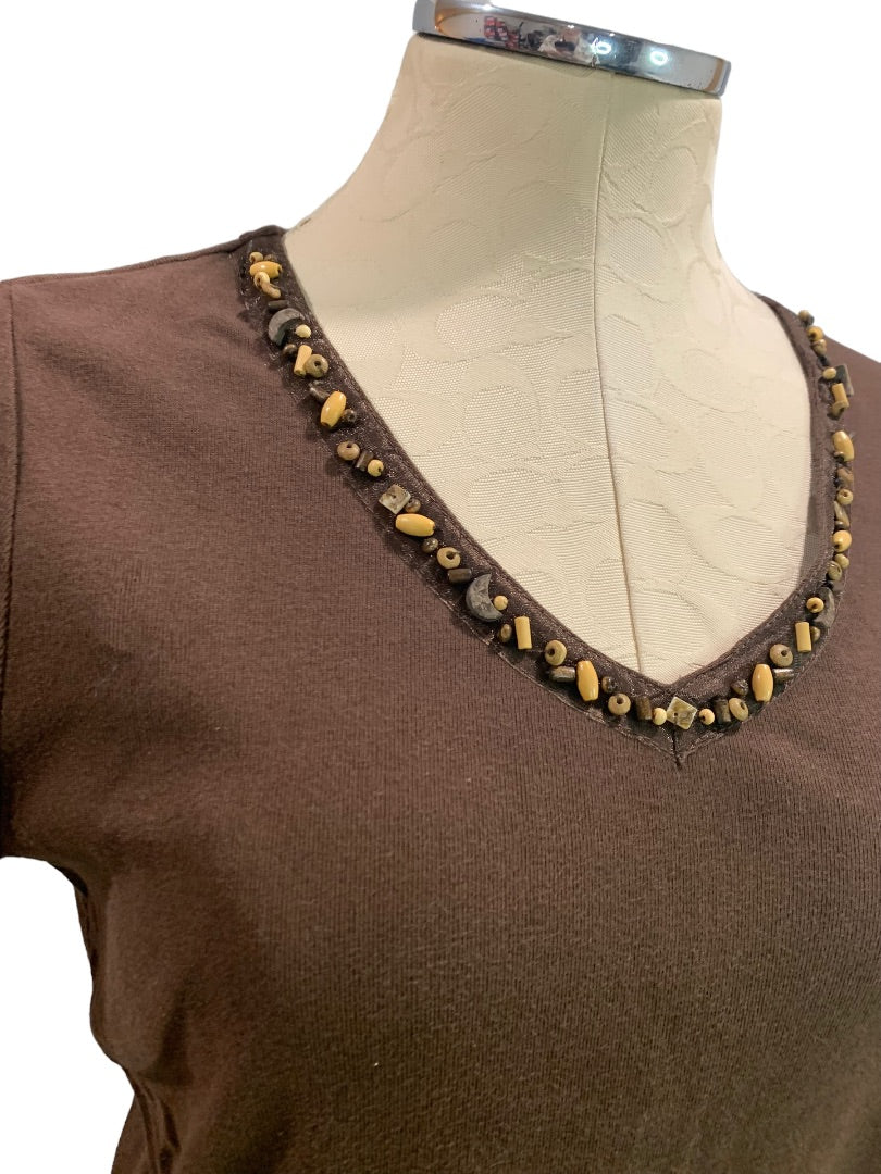 Small First Issue by Liz Claiborne Women's Brown T-shirt Wooden Beaded Neckline