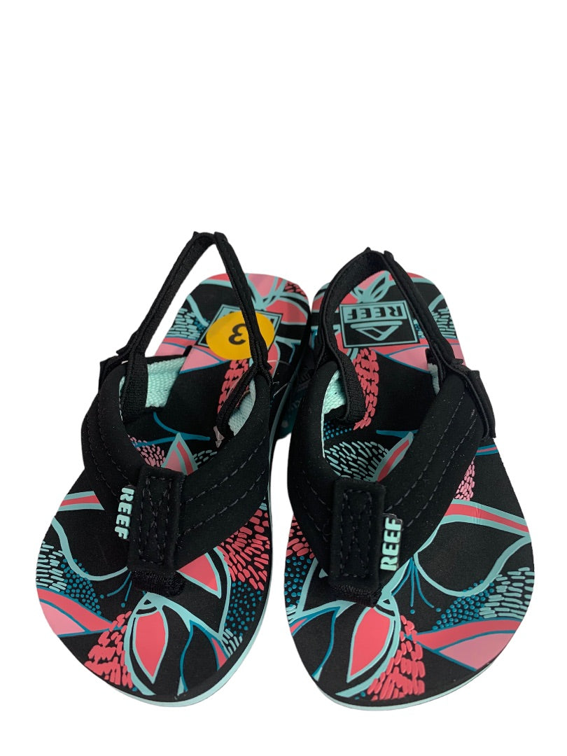 Size 3 (3/4) Kids Reef Little Ahi Sandals Flip Flops Back Strap Black Pink