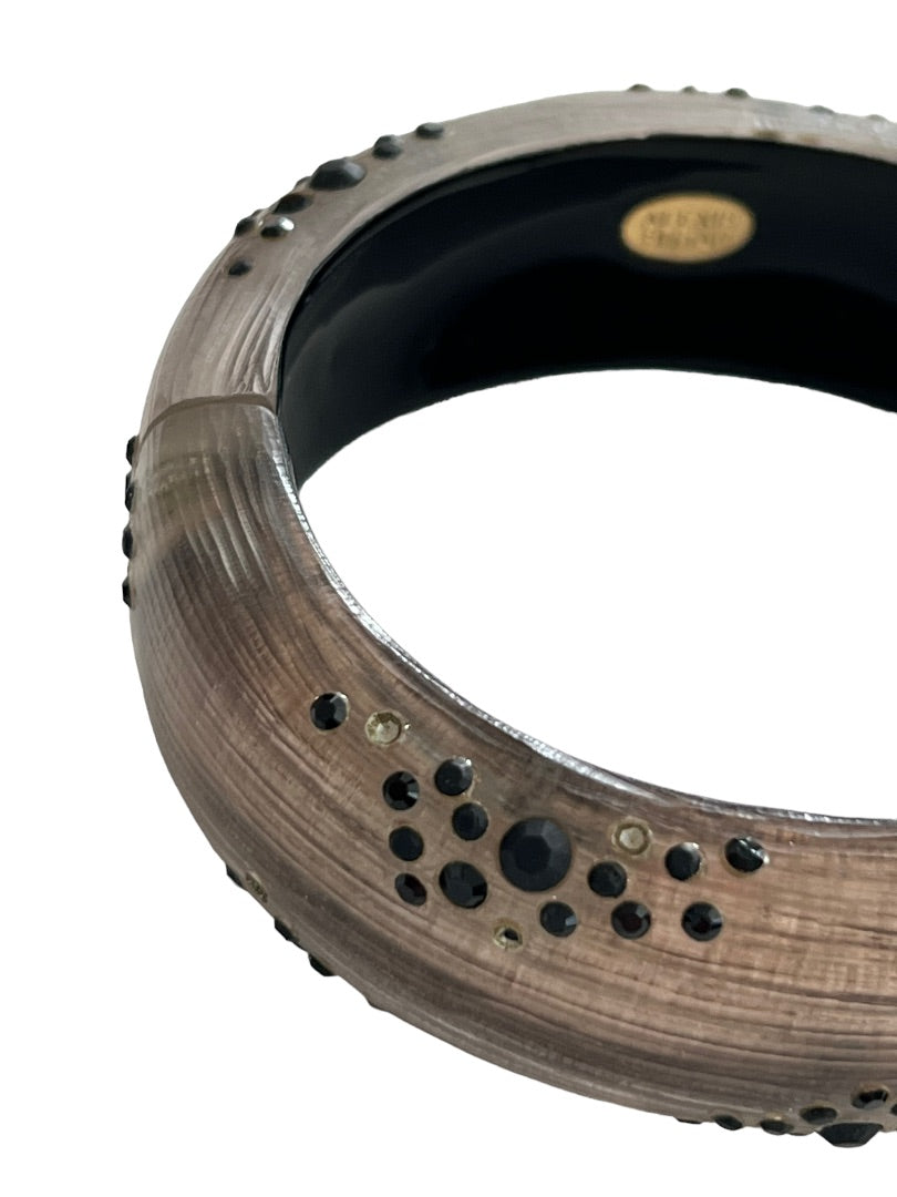 Alexis Bitter Rose Gold Lucite Hinged Bangle Bracelet Black Rhinestones 3" x 2.75"